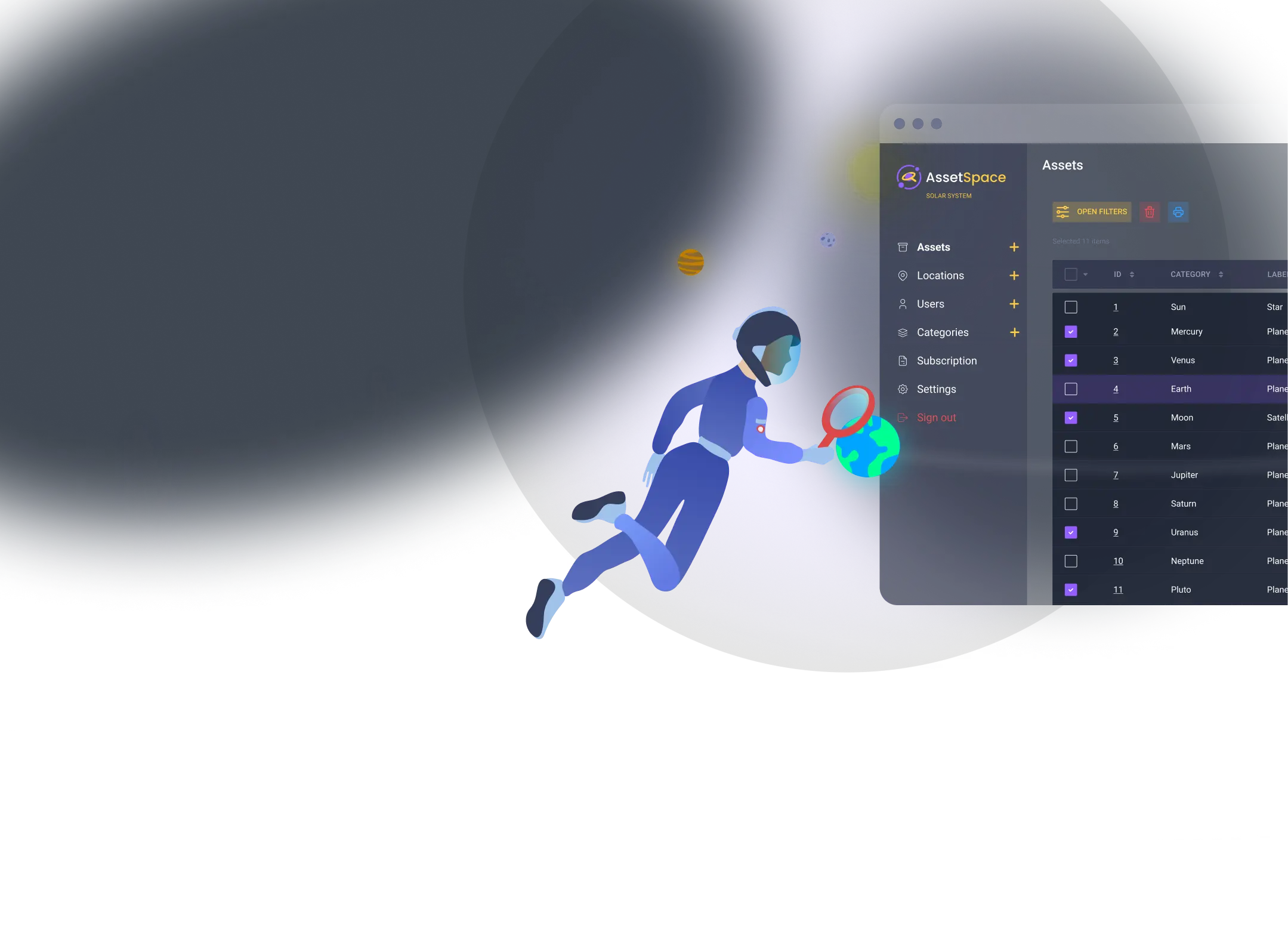 spaceman in solar system with app