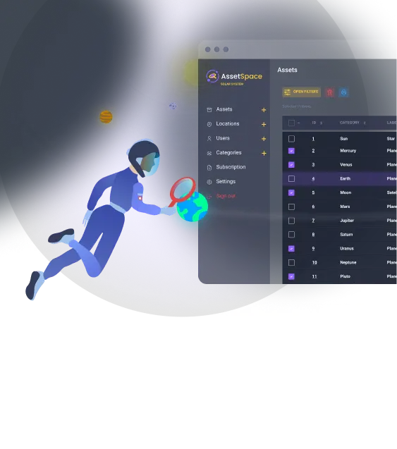 spaceman in solar system with app